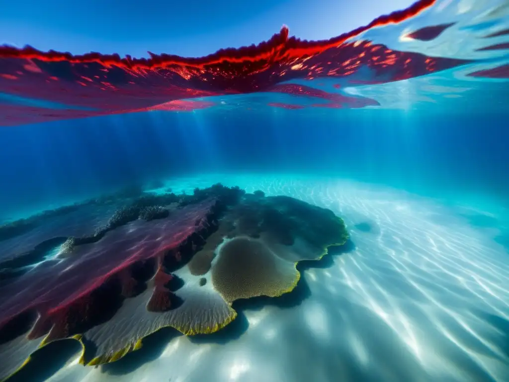 Vibrante marea roja marina con algas rojas creando un paisaje misterioso y fascinante bajo el agua