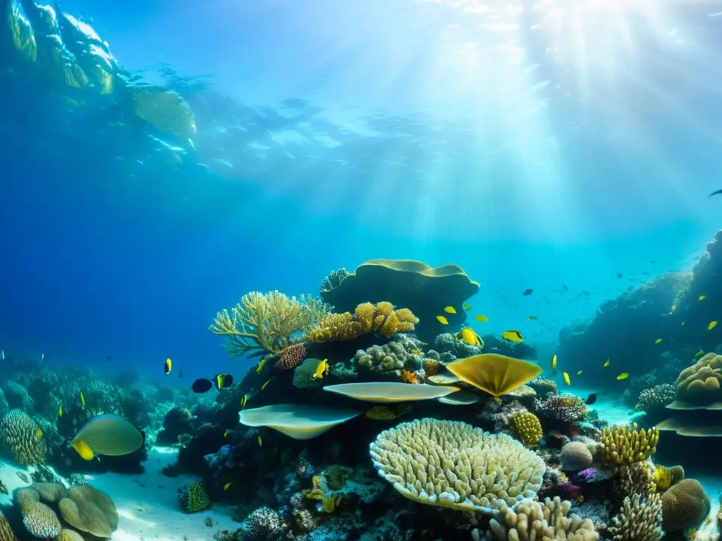 Vibrante vida marina en un arrecife de coral, mostrando la belleza y fragilidad del ecosistema submarino frente a la acidificación oceánica