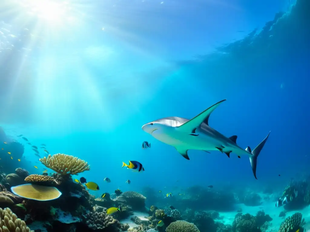 Vibrante vida marina en un arrecife de coral, con peces coloridos y formaciones de coral bajo el agua