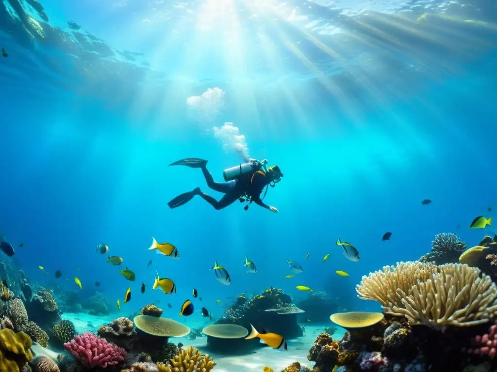 Vibrante vida marina en un arrecife de coral, con peces coloridos y plantas marinas, bajo la luz del sol en el agua azul