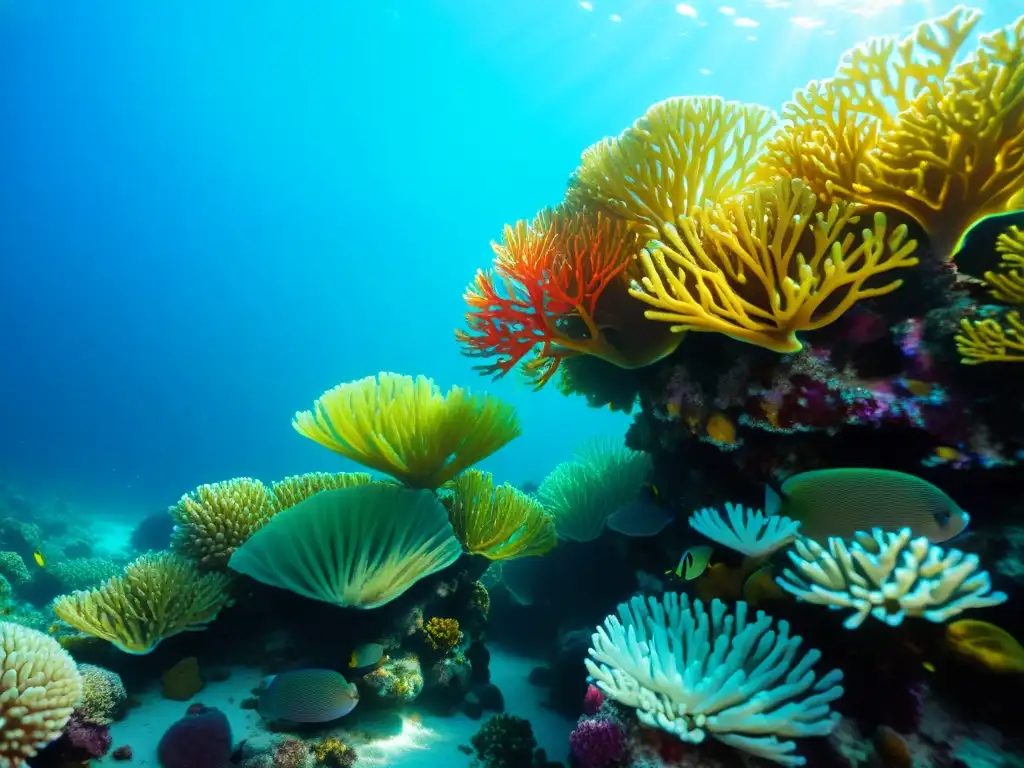 Vibrante vida marina en un arrecife de coral, iluminada por la luz solar