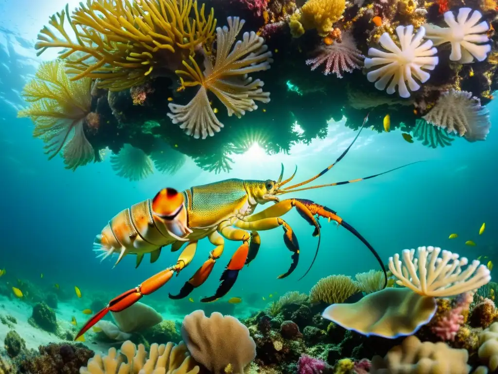 Vibrante vida marina mostrando langostas, cangrejos y camarones sostenibles en arrecife de coral