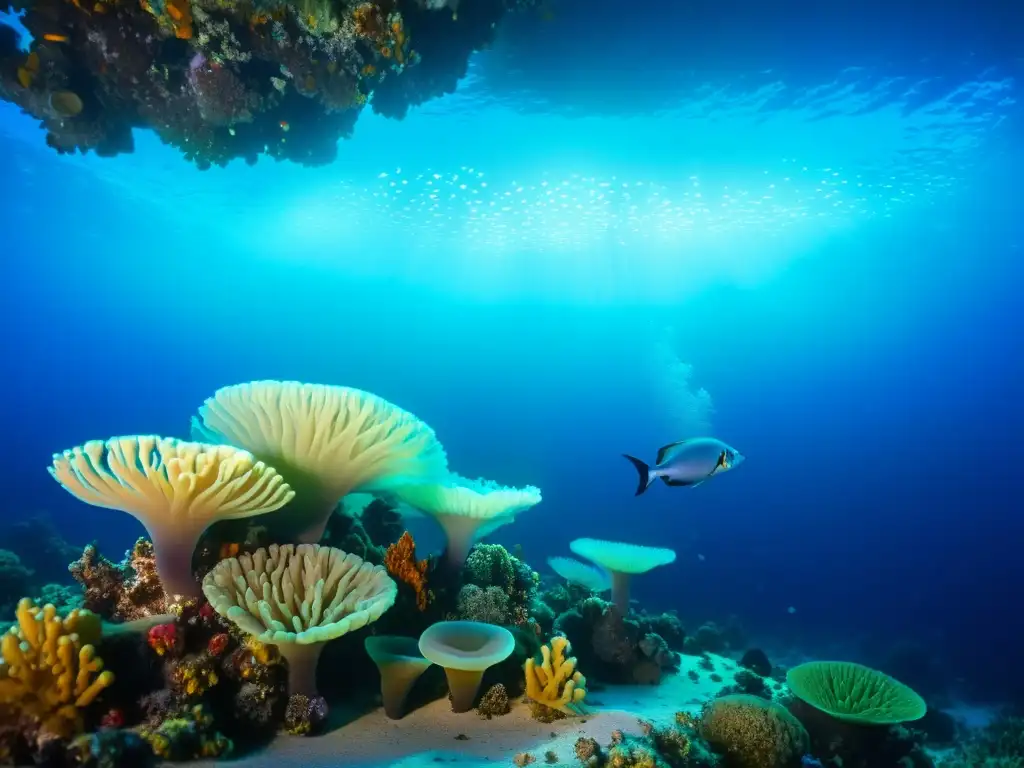 Vibrante vida marina nocturna en el océano, iluminada por bioluminiscencia