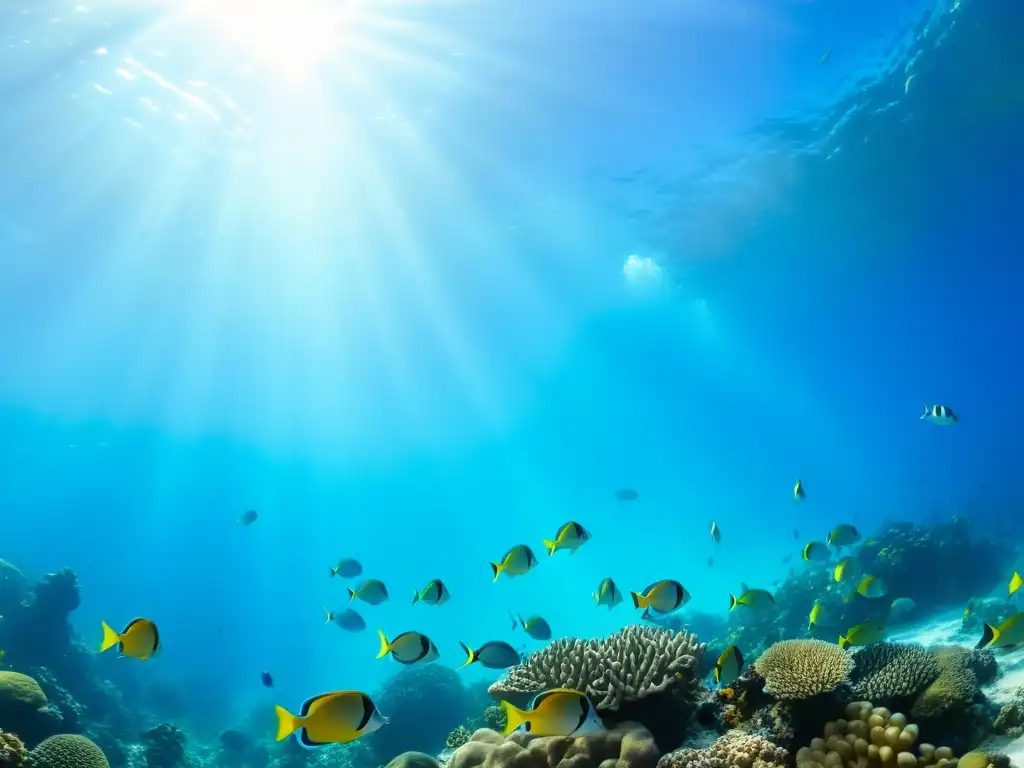 Vibrante vida marina: peces coloridos y arrecife de coral bajo el agua azul