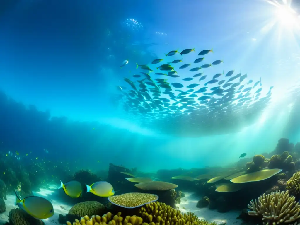 Vibrante migración entre aguas dulces y saladas: escena acuática con diversa escuela de peces y hermosa transición de ecosistemas marinos