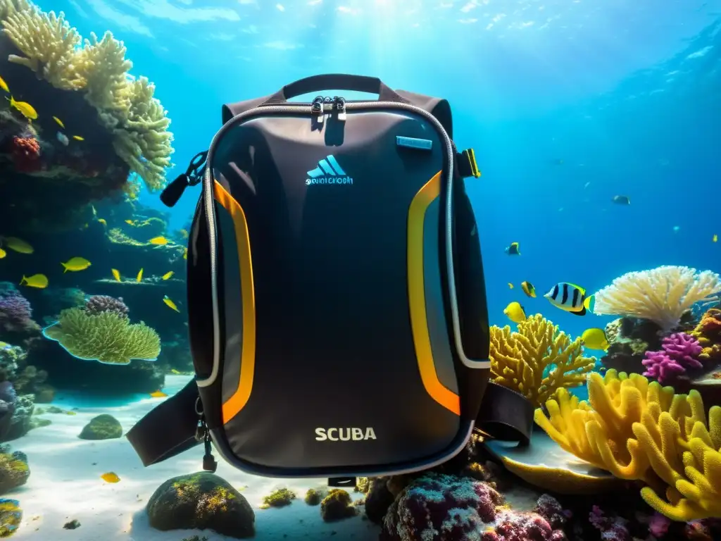 Vibrante mochila de buceo negra en arrecife de coral, rodeada de peces tropicales