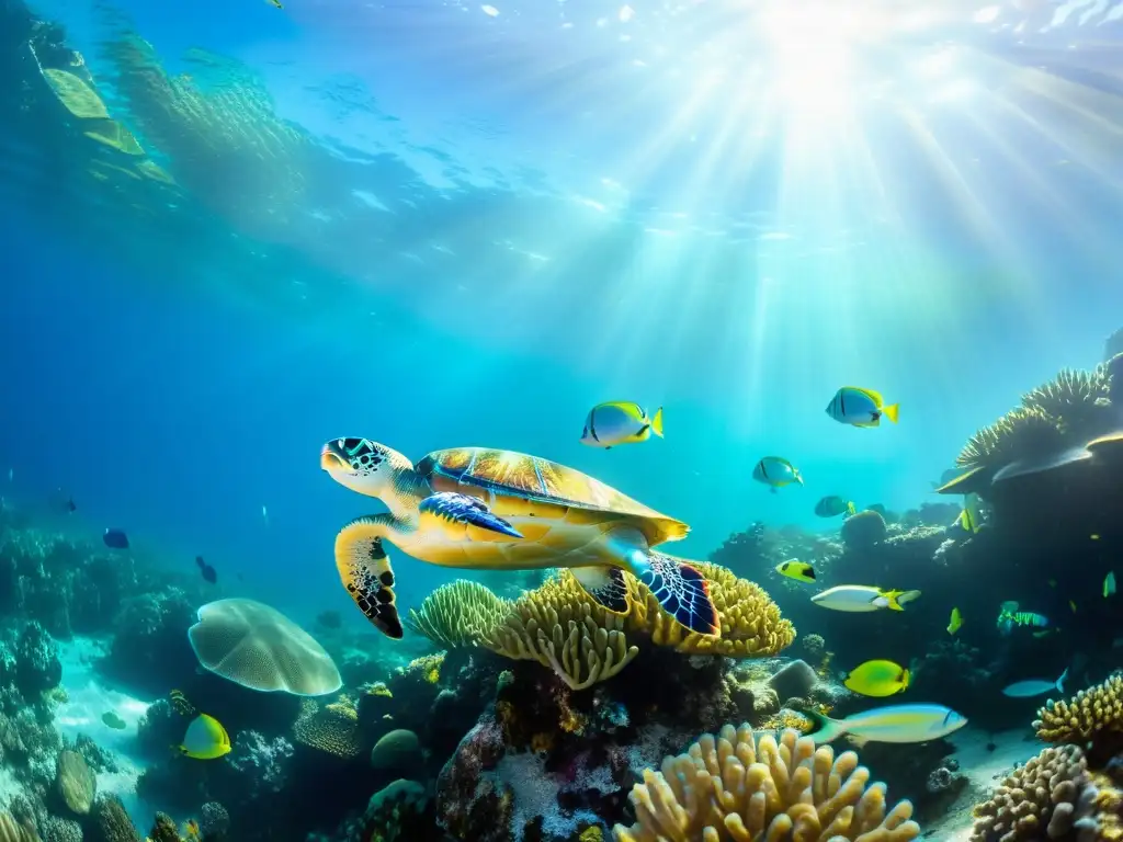 Una fotografía vibrante del mundo submarino, con un arrecife de coral lleno de vida