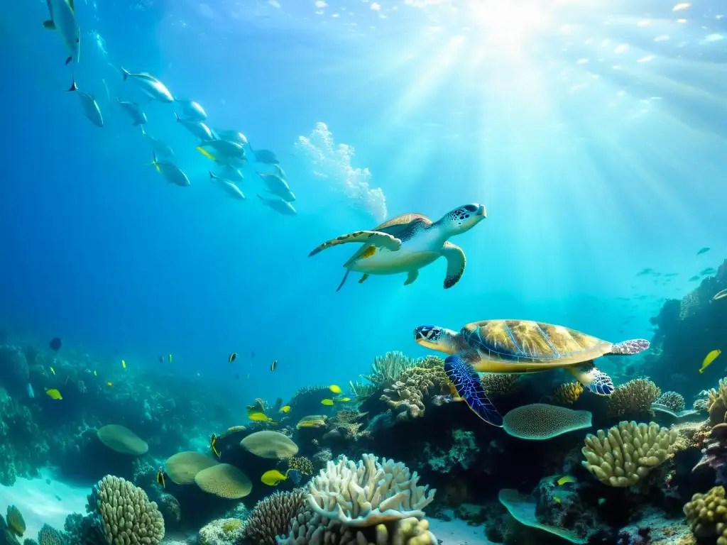 Arrecife de coral vibrante y colorido Un vibrante mundo submarino lleno de vida marina colorida y formaciones de coral iridiscentes bajo el agua cristalina