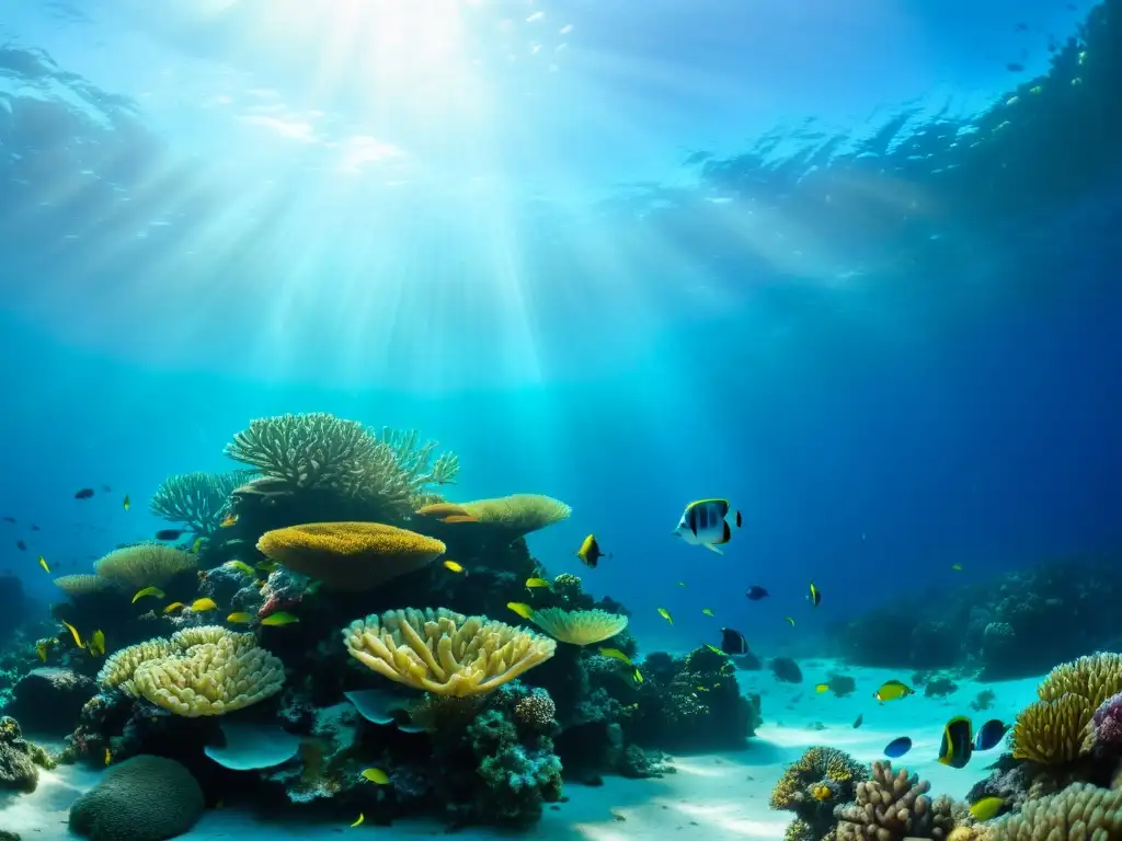 Un vibrante paisaje marino con diversa vida acuática en un arrecife de coral, iluminado por la luz solar