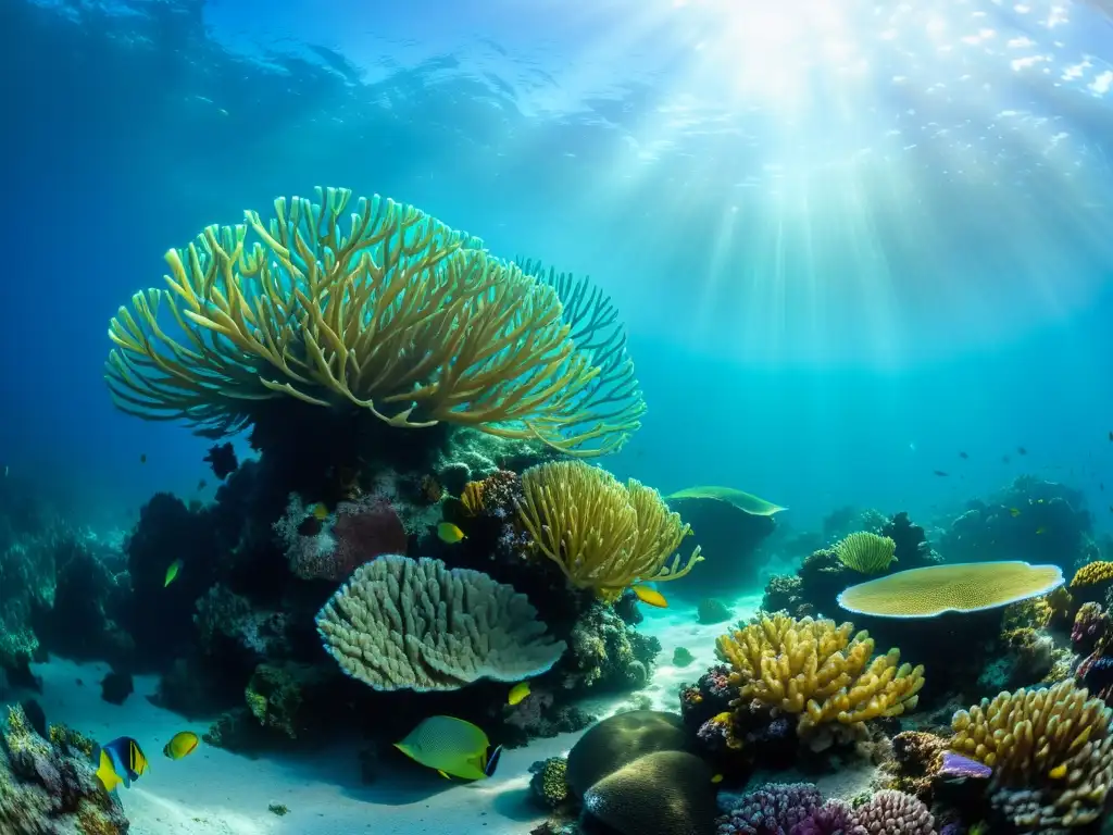 Un vibrante paisaje marino perfecto con rocas vivas: corales coloridos, plantas marinas ondeantes y vida marina entre sombras y luces