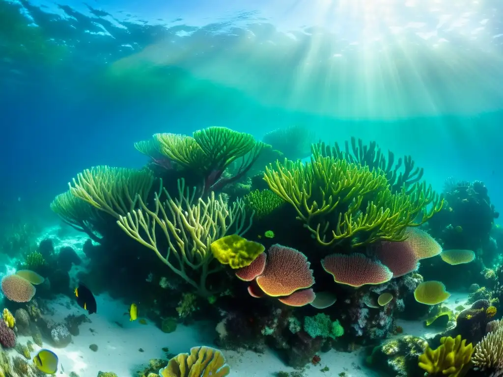 Un vibrante paisaje submarino de algas marinas en tonos de esmeralda, turquesa y carmesí, decorando un arrecife de coral