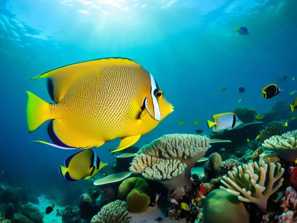 Un vibrante paisaje submarino que muestra un arrecife de coral saludable, repleto de vida marina diversa