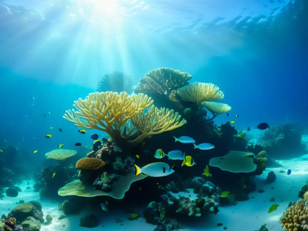 Un vibrante paisaje submarino con un arrecife de coral lleno de vida marina, bañado por la luz solar