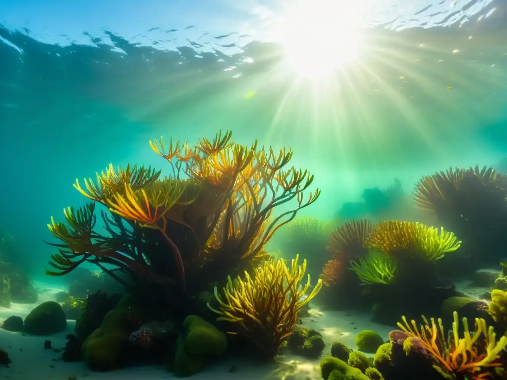 Un vibrante paisaje submarino con diversa flora marina danzante en algas, bañado por la cálida luz del sol