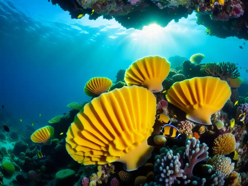 Un vibrante paisaje submarino lleno de esponjas marinas coloridas y diversidad