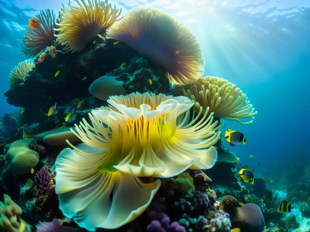 Un vibrante paisaje submarino lleno de vida marina rodeando un arrecife de coral