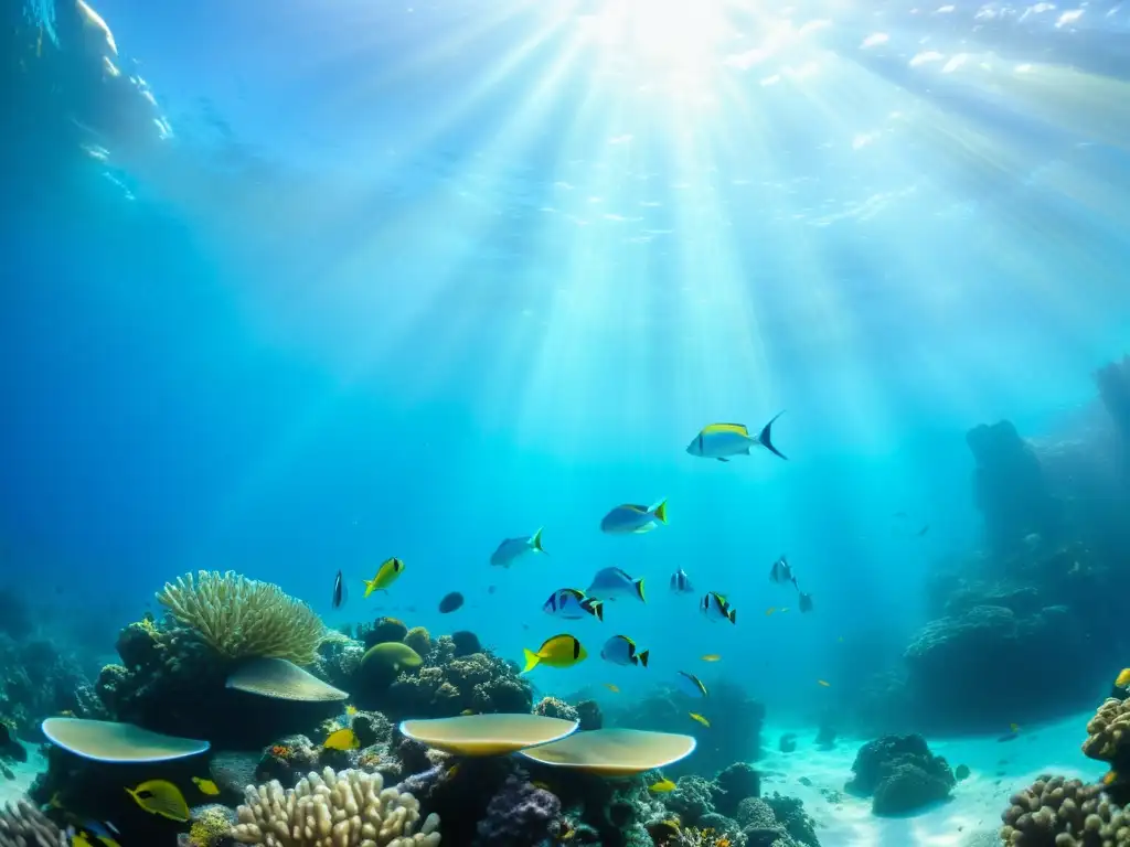 Un vibrante paisaje submarino con peces coloridos nadando entre un arrecife de coral, resaltando la vitalidad de los materiales marinos biodegradables