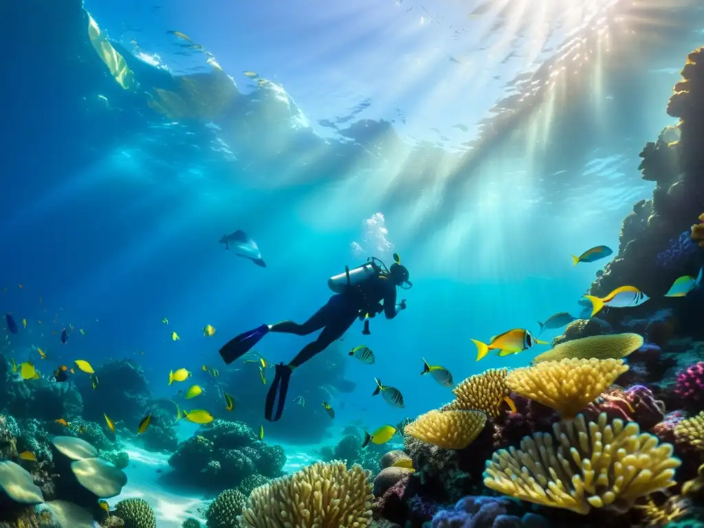 Un vibrante paisaje submarino con peces coloridos entre arrecifes de coral, iluminado por el sol