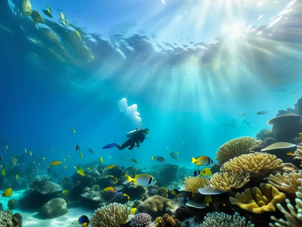 Biodiversidad marina: arrecife de coral vibrante con peces tropicales de colores, plantas marinas y luz solar filtrada