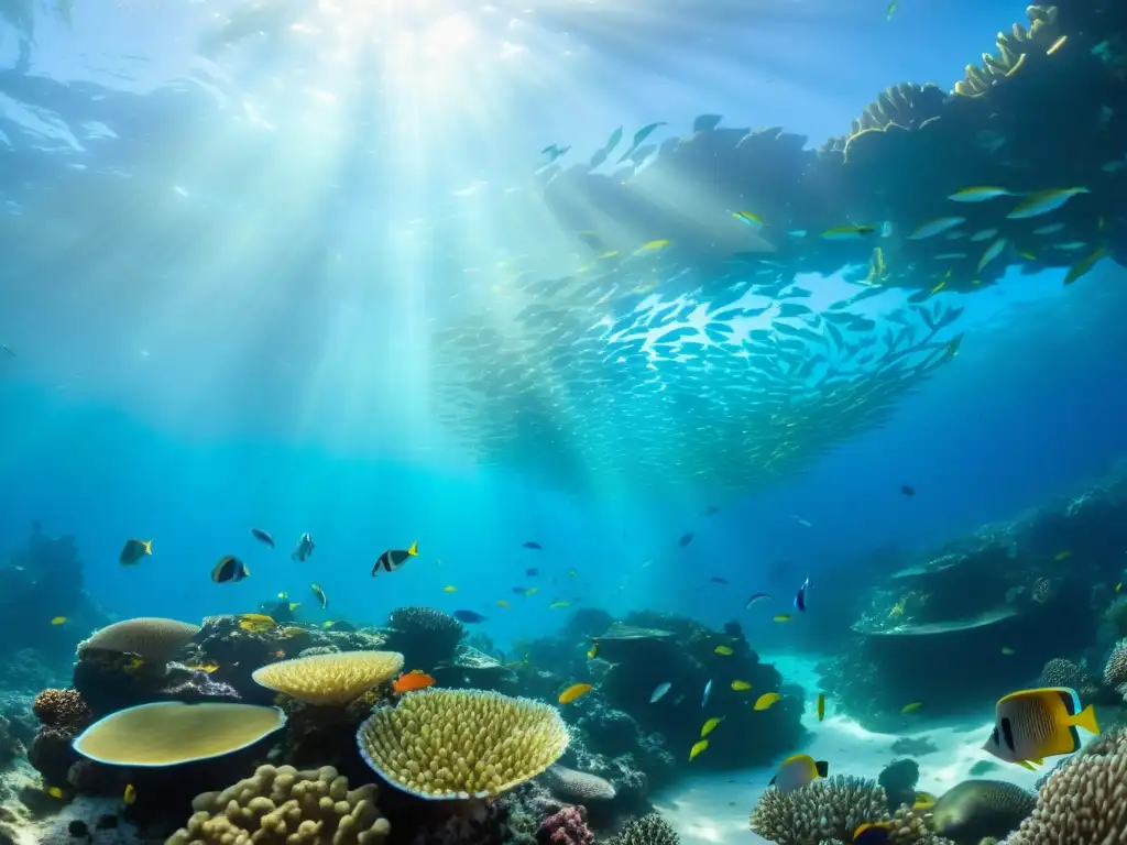 Vibrante red trófica marina colapsa en arrecife de coral, con peces coloridos y depredadores en un ecosistema frágil