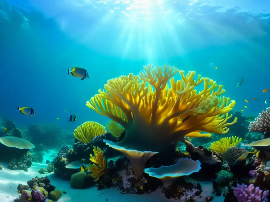 Una vibrante reserva marina con arrecifes de coral, peces coloridos y una hermosa danza de luz y sombra