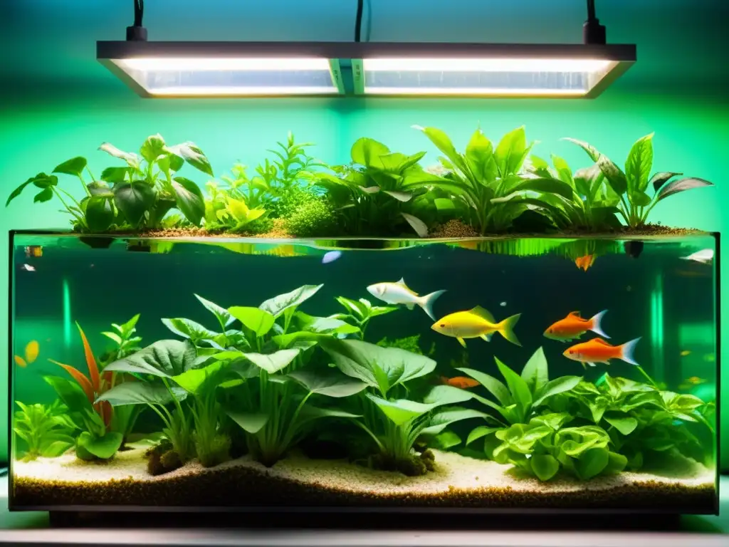 Vibrante sistema de acuaponía: plantas exuberantes sobre el agua y peces coloridos debajo, en un entorno acuático sostenible