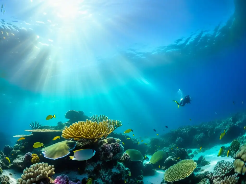 Una vibrante fotografía submarina que captura un arrecife de coral colorido, lleno de vida marina diversa y vibrantes formaciones de coral