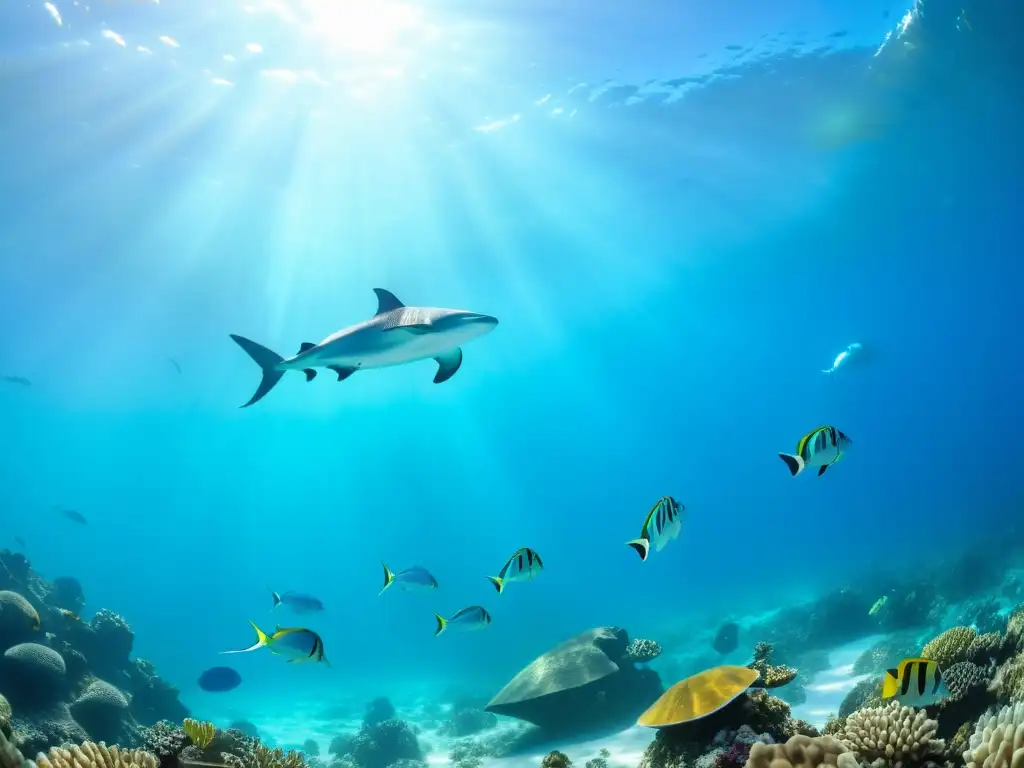 Una vibrante fotografía submarina de un arrecife de coral diverso, repleto de peces coloridos y otras criaturas marinas