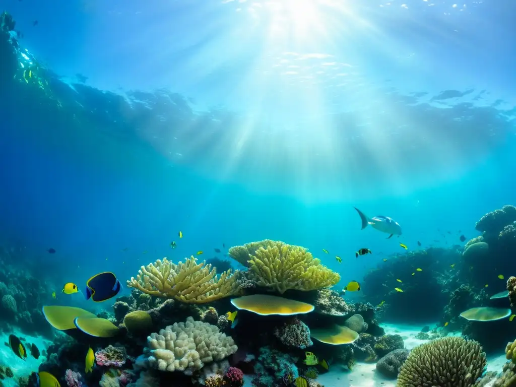 Una vibrante fotografía submarina de un arrecife de coral próspero, repleto de vida marina colorida