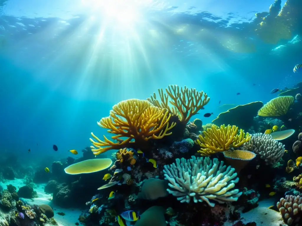 Una vibrante cartografía submarina de profundidades inexploradas, un arrecife de coral lleno de vida marina colorida y plantas marinas ondeando