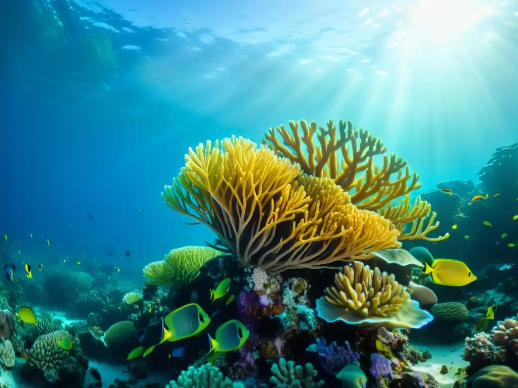 Una vibrante fotografía submarina de un próspero arrecife de coral, con diversa vida marina y oportunidades de inversión en conservación marina