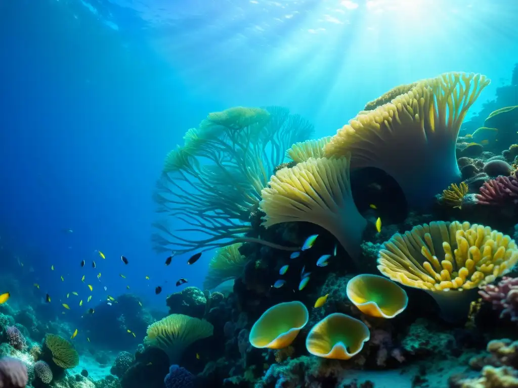 Vibrante vida marina detallada en coral, con peces tropicales, anémonas y abanicos de mar, capturando la belleza submarina