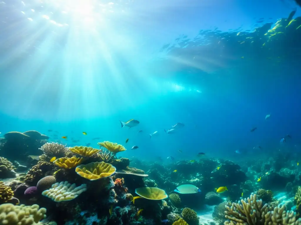 Vibrante vida marina y mariscos sostenibles en un arrecife de coral, con peces brillantes y diversidad de especies