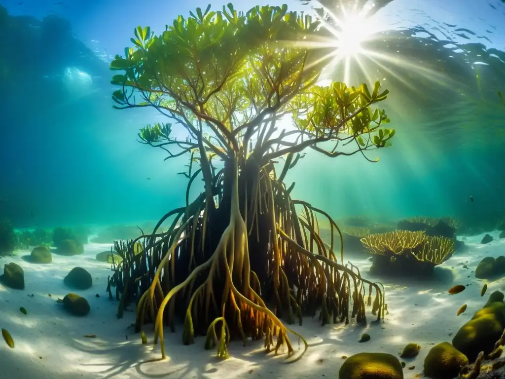 Vibrante vida marina y raíces de manglar bajo el agua, resaltando la importancia de los manglares marinos