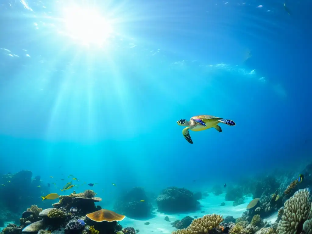 Vibrante vida marina rodeada por aguas cristalinas, iluminada por la luz solar