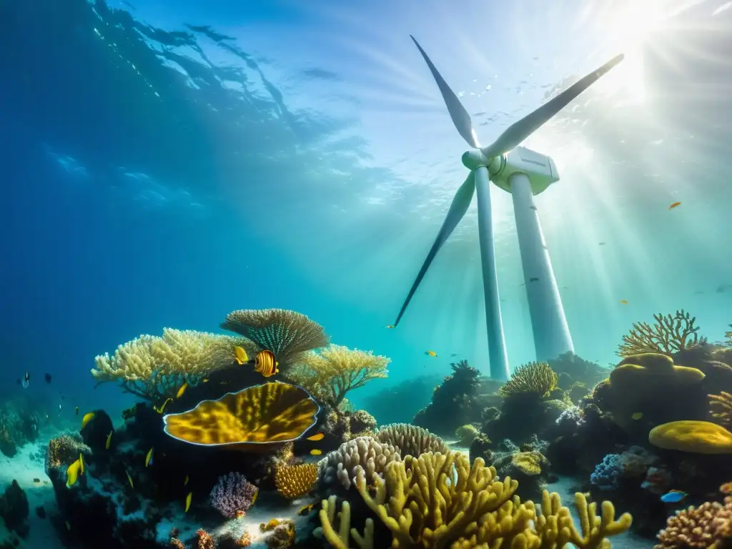 Vibrante vida marina alrededor de una torre eólica marina, oportunidades de inversión en energías marinas