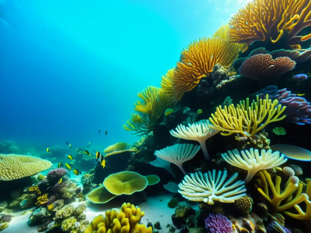 Una vibrante vista subacuática de un arrecife de coral lleno de vida marina sostenible, destacando langostinos y otros mariscos