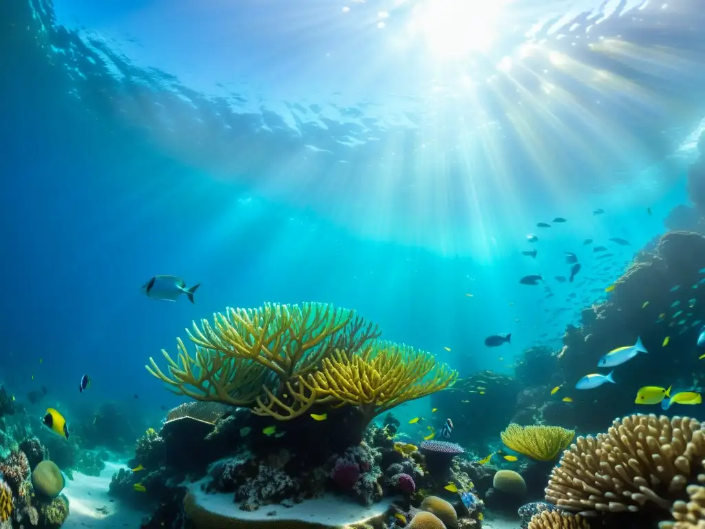 Explora los vibrantes secretos del buceo en islas remotas bajo el mar, con un arrecife de coral lleno de vida y coloridos peces en un despliegue de belleza natural