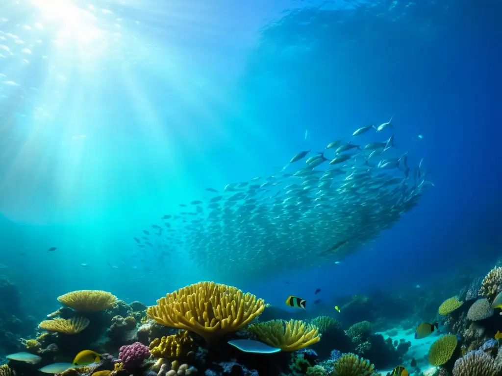 Fotografía inédita de vida marina: un arrecife de coral vibrante, lleno de peces coloridos, plantas marinas y formaciones de coral