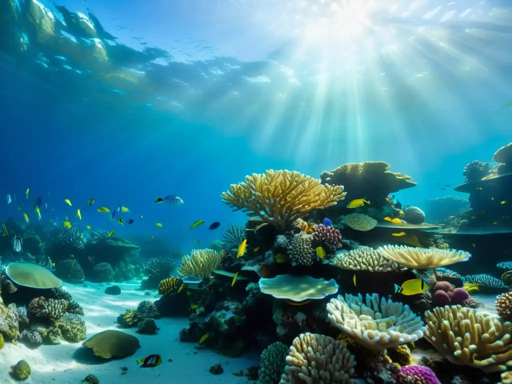 Fotografía submarina de vida marina: Un arrecife de coral vibrante con diversidad de peces, tortugas y corales, iluminado por el sol