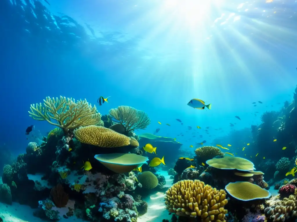 Fotografía submarina de vida marina: un arrecife de coral vibrante con peces coloridos y una atmósfera tranquila y maravillosa bajo el agua