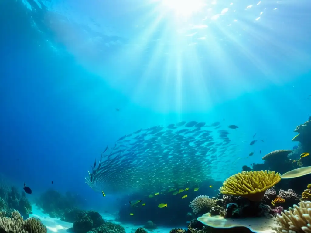 Fotografía submarina de vida marina: un arrecife de coral vibrante con peces coloridos y la luz del sol filtrándose a través del agua cristalina, creando un hipnótico baile de luz y sombra en el paisaje submarino