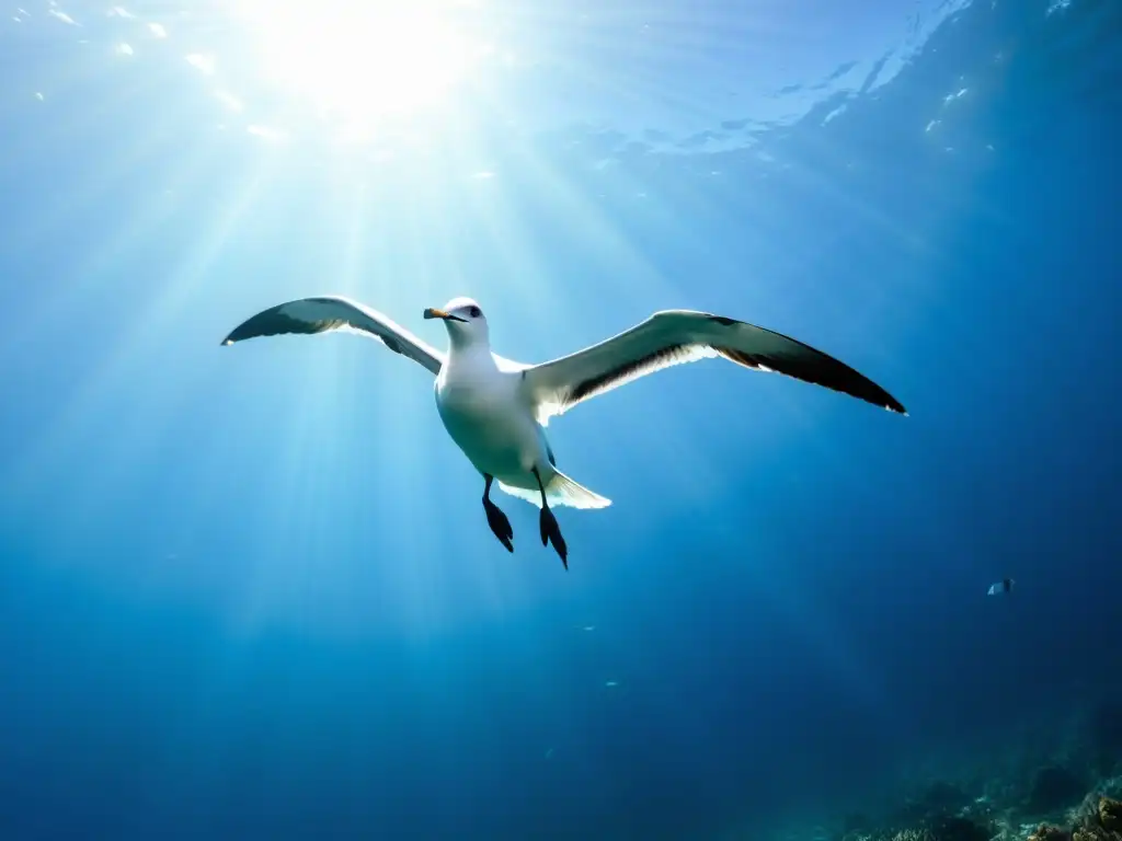 Vida de las aves pelágicas: Majestuoso albatros sobrevolando el océano, con alas extendidas sobre peces iridiscentes y corales coloridos