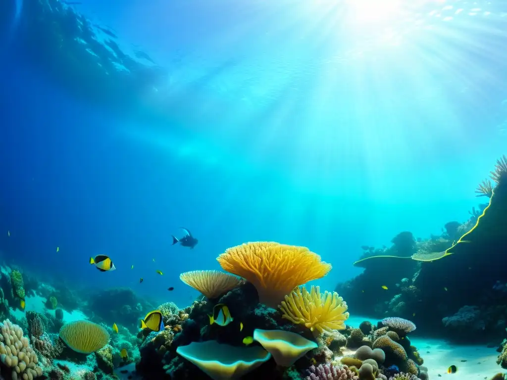 Fotografiando vida en una colorida y diversa comunidad marina en un arrecife de coral, iluminado por la luz solar en aguas azules