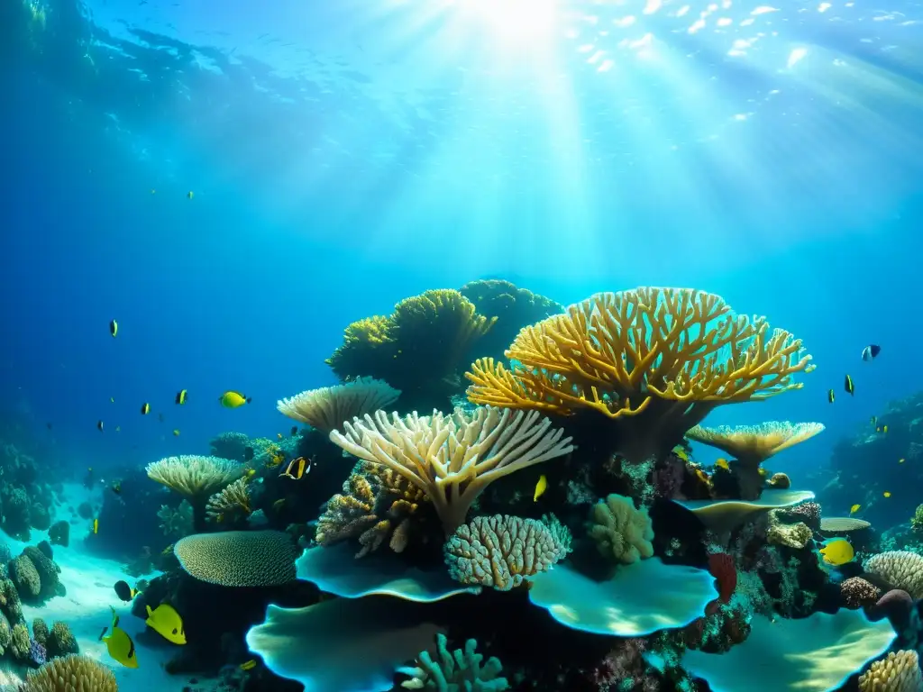 Explora la vida marina en un arrecife de coral, con la luz del sol iluminando corales y peces