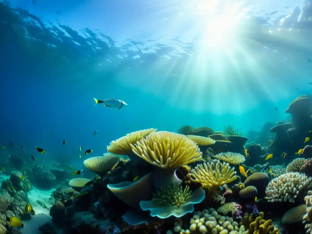 Representación de la vida marina en cine: Fotografía impresionante de un vibrante arrecife de coral, repleto de vida marina colorida y exuberante