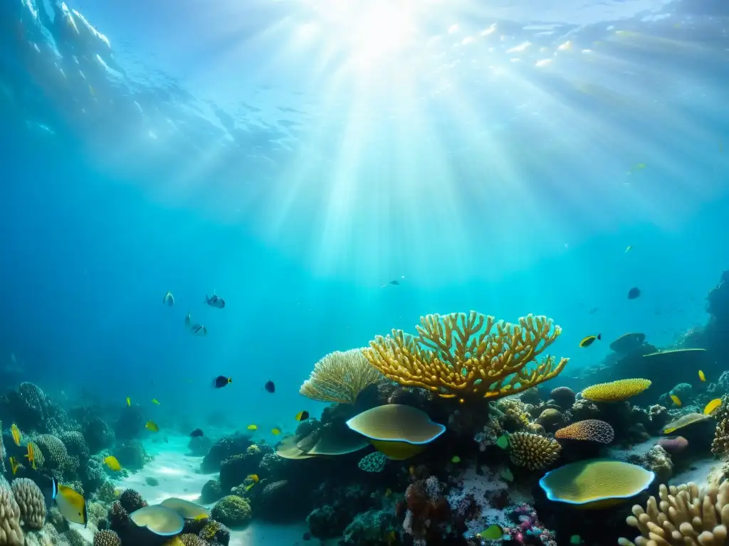 Vida marina en cine: un vibrante arrecife de coral poblado por peces de colores, con agua cristalina y una hermosa luz filtrada