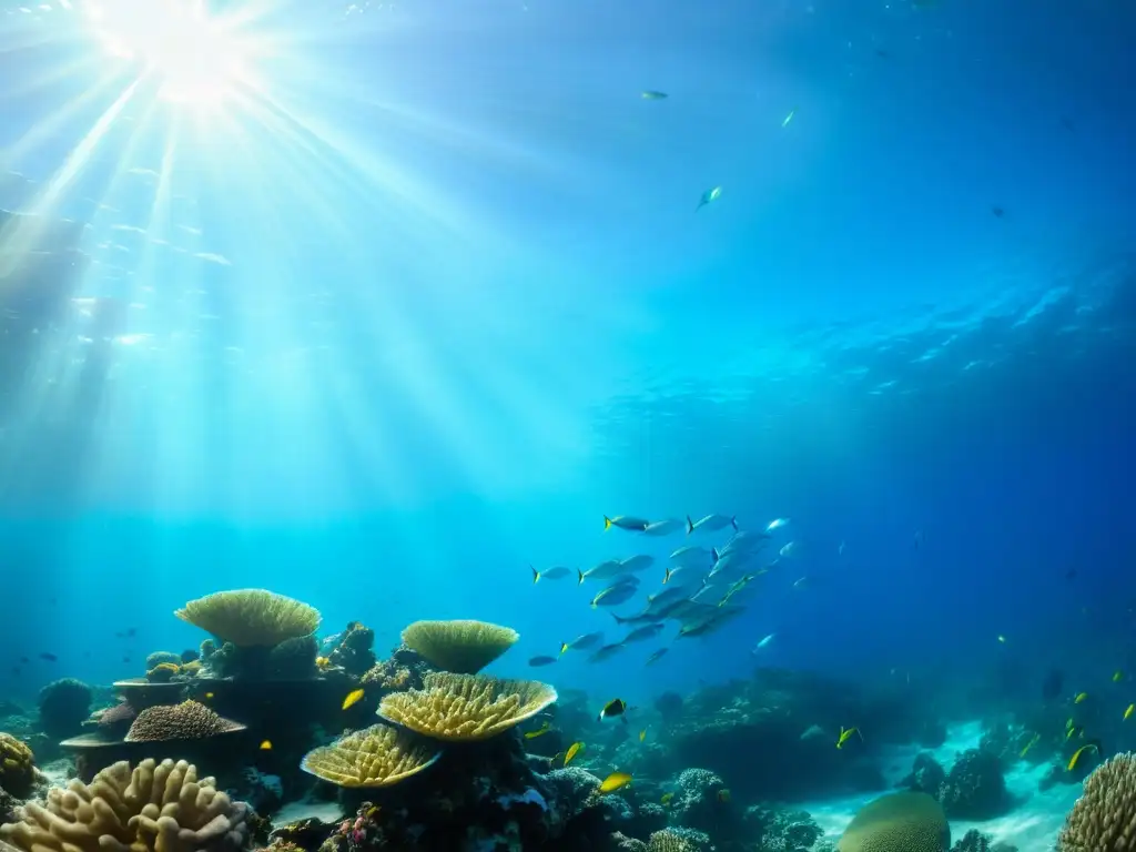 Fotografía submarina de vida marina: Un vibrante arrecife de coral repleto de peces y vida marina, bañado por la luz del sol