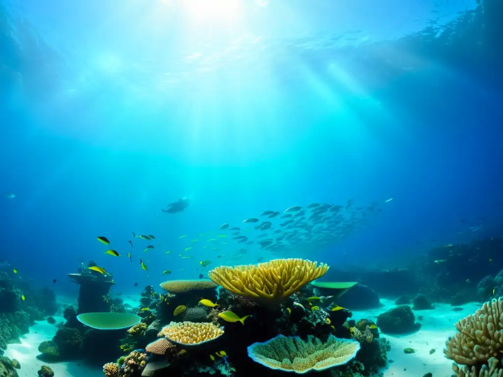 Descubre la vida marina en un vibrante arrecife de coral, con escuelas de peces coloridos entre formaciones de coral