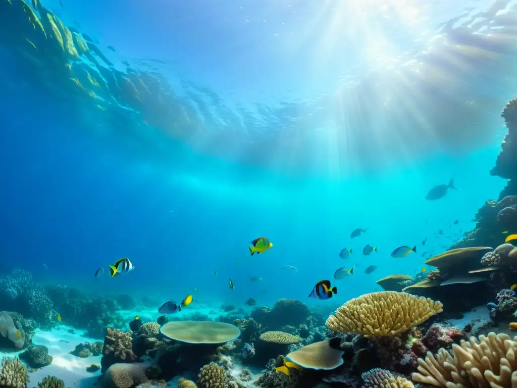 Visualización de la vida marina oceánica: un vibrante arrecife de coral con peces coloridos y aguas turquesas